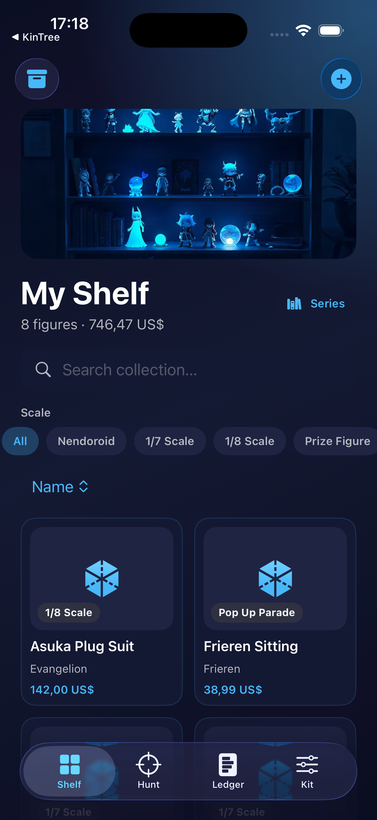 AniShelf shelf grid with figurine cards and scale filters