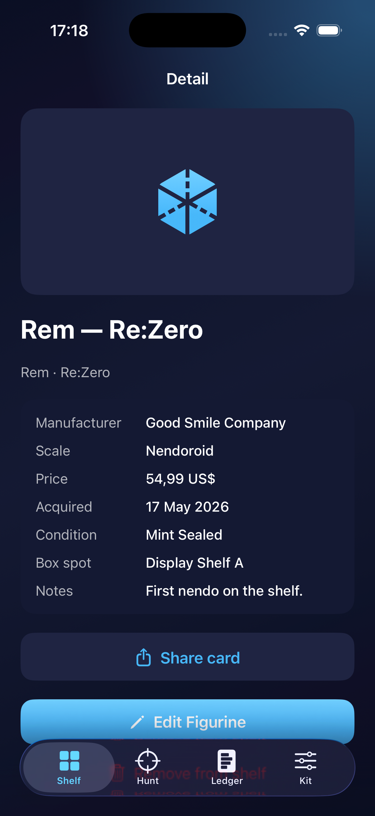 Figurine detail screen for Rem with price and box spot